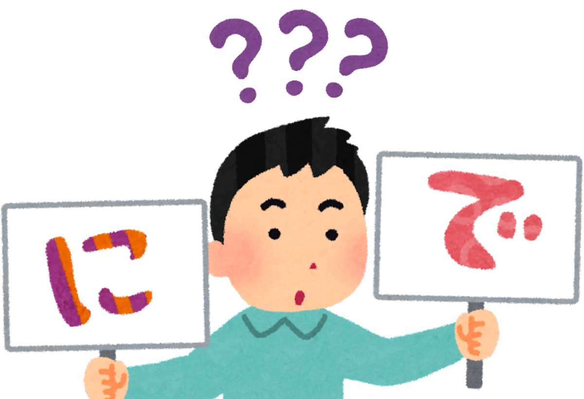 困惑的學習者拿著「に」和「で」的牌子，代表日文助詞「に」「で」用法差異